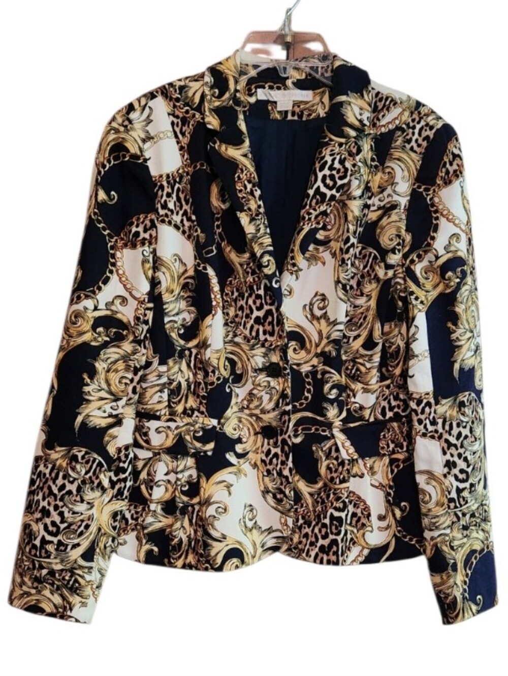 Boston Proper Baroque Chain Print Black & Gold Blazer